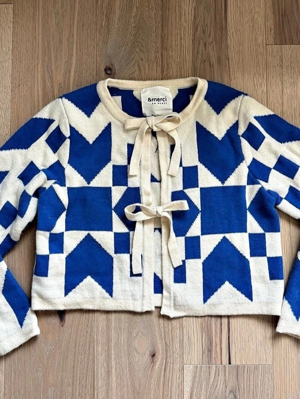 &merci & Geometric Tie-Front Cardigan Blue & White. Size Medium. New with out ta